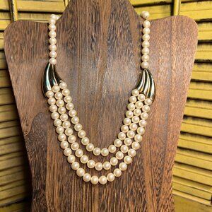 Vintage Napier 3-strand Faux Pearl Necklace in Goldtone